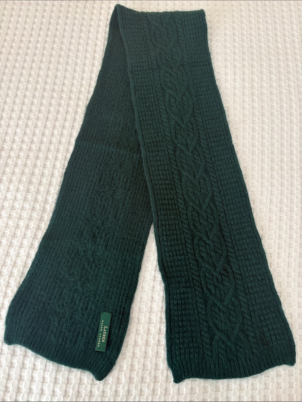 Lauren Ralph Lauren Lambswool Soft Dark Green Cable Knit Scarf SZ OS